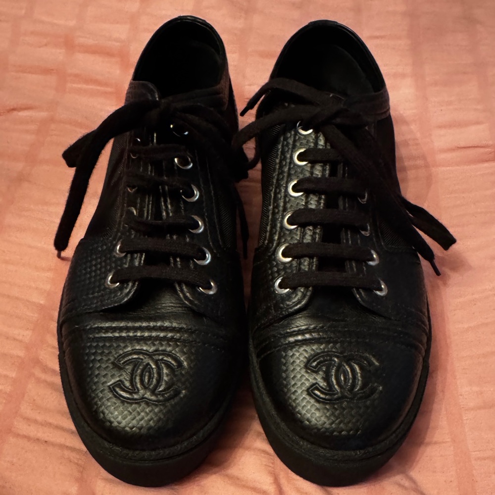 CHANEL Authentic Black Women's Lace-Up Leather/Mesh Shoes